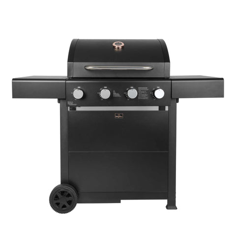 Product image of Outdoor gas barbecue grill 4burners. Part of the outdoor . Features: • XXL SIZE: Cooking area: 60*41,5 cm • Main burners: 2,2 KW*4 • Thermometer in the top (lid) • Cold roll steel lid, side and front panels, control .... (Studio view). Official Berlinger Haus product, boosted by Promintra sl.