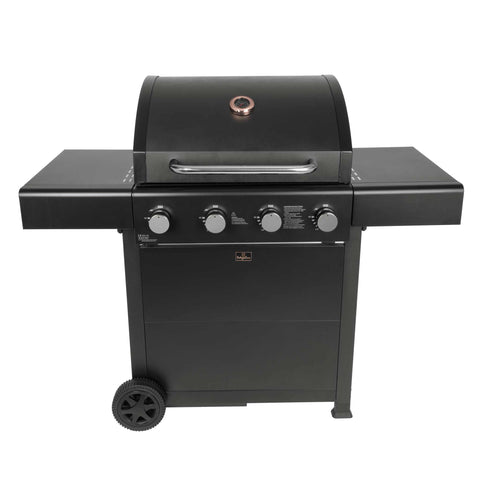 Product image of Outdoor gas barbecue grill 4burners. Part of the outdoor . Features: • XXL SIZE: Cooking area: 60*41,5 cm • Main burners: 2,2 KW*4 • Thermometer in the top (lid) • Cold roll steel lid, side and front panels, control .... (Studio view). Official Berlinger Haus product, boosted by Promintra sl.