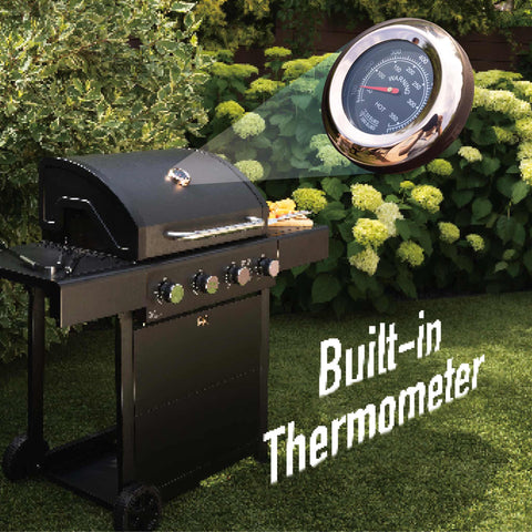 Product image of Outdoor gas barbecue grill 4burners. Part of the outdoor . Features: • XXL SIZE: Cooking area: 60*41,5 cm • Main burners: 2,2 KW*4 • Thermometer in the top (lid) • Cold roll steel lid, side and front panels, control .... (Studio view). Official Berlinger Haus product, boosted by Promintra sl.