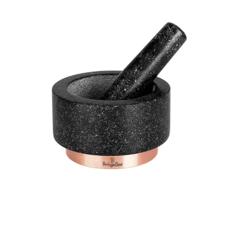 Product image of Pestle and mortar. Part of the Black Rose Collection . Features: • Material: granite, electroplated iron base • Size: 14*8 cm 1,8 kg • REAL GRANITE. (Studio view). Official Berlinger Haus product, boosted by Promintra sl.