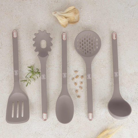 BH/8618, juego de herramientas de cocina de 6 piezas con soporte, gris topo mate, juego de herramientas de cocina de 6 piezas con soporte, juego de herramientas de cocina, herramientas de cocina, utensilios de cocina, utensilios de cocina, aparatos de cocina, cucharón para sopa, cuchara de cocina, espumadera, cucharón para espaguetis, espátula ranurada, soporte, juego de utensilios