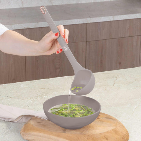 BH/8618, juego de herramientas de cocina de 6 piezas con soporte, gris topo mate, juego de herramientas de cocina de 6 piezas con soporte, juego de herramientas de cocina, herramientas de cocina, utensilios de cocina, utensilios de cocina, aparatos de cocina, cucharón para sopa, cuchara de cocina, espumadera, cucharón para espaguetis, espátula ranurada, soporte, juego de utensilios