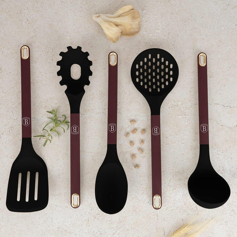 BH/8620, juego de utensilios de cocina de 6 piezas con soporte, burdeos mate, juego de utensilios de cocina de 6 piezas con soporte, juego de herramientas de cocina, herramientas de cocina, utensilios de cocina, utensilios de cocina, aparatos de cocina, cucharón para sopa, cuchara de cocina, espumadera, cucharón para espaguetis, espátula ranurada, soporte, juego de utensilios