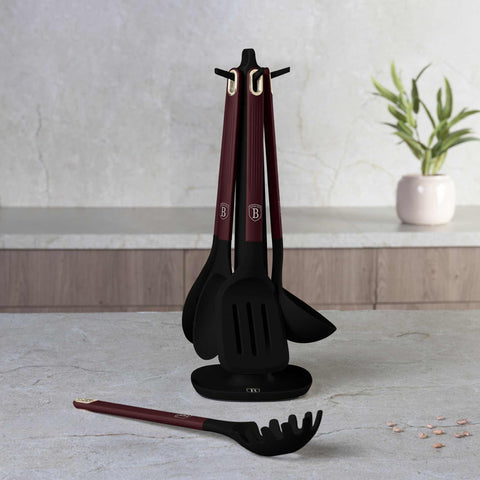 BH/8620, juego de utensilios de cocina de 6 piezas con soporte, burdeos mate, juego de utensilios de cocina de 6 piezas con soporte, juego de herramientas de cocina, herramientas de cocina, utensilios de cocina, utensilios de cocina, aparatos de cocina, cucharón para sopa, cuchara de cocina, espumadera, cucharón para espaguetis, espátula ranurada, soporte, juego de utensilios