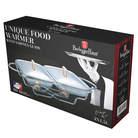 Product image of Food warmer rectlange 2x1,5L. Part of the Black Rose Collection . Features: • Material: stainless steel and SABINEX glass • Rose gold knob • Capacity: 2*1,5L. (Studio view). Official Berlinger Haus product, boosted by Promintra sl.