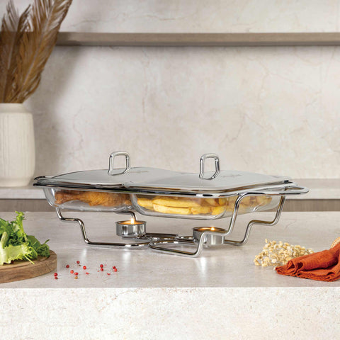 Product image of Food warmer rectlange 2x1,5L. Part of the Black Rose Collection . Features: • Material: stainless steel and SABINEX glass • Rose gold knob • Capacity: 2*1,5L. (Studio view). Official Berlinger Haus product, boosted by Promintra sl.
