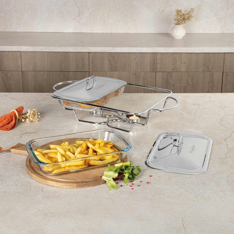 Product image of Food warmer rectlange 2x1,5L. Part of the Black Rose Collection . Features: • Material: stainless steel and SABINEX glass • Rose gold knob • Capacity: 2*1,5L. (Studio view). Official Berlinger Haus product, boosted by Promintra sl.