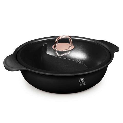 Product image of Hot pot with lid 30cm. Part of the Black Rose Collection . Features: • Material: cast aluminium • Hot pot with lid Ø30*10 cm 4,2L • Color: matt black- rose gold. (Studio view). Official Berlinger Haus product, boosted by Promintra sl.