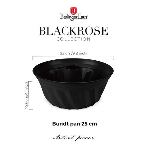 Imatge del producte de les pastilles Bundt de 25 cm. Forma part de la col·lecció Matte Black/Black Rose. Característiques: • Material: acer al carboni amb recobriment antiadherent TitanPro • Mida: 25*10,5 cm • Color: negre mat. (Vista d'estudi). Producte oficial de Berlinger, impulsat per Promintra sl.