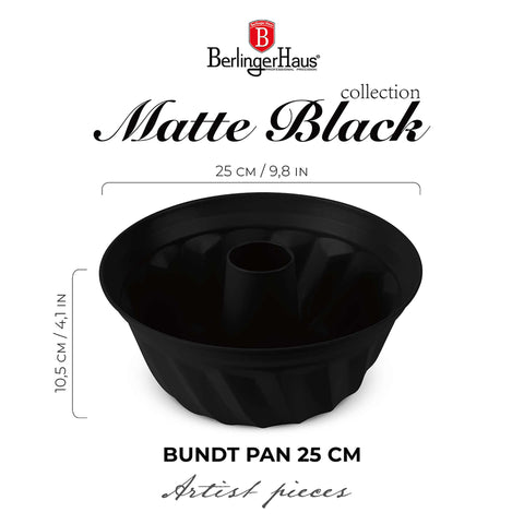 Imatge del producte de les pastilles Bundt de 25 cm. Forma part de la col·lecció Matte Black/Black Rose. Característiques: • Material: acer al carboni amb recobriment antiadherent TitanPro • Mida: 25*10,5 cm • Color: negre mat. (Vista d'estudi). Producte oficial de Berlinger, impulsat per Promintra sl.