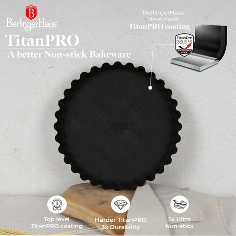 Product image of Tart/cake form 28x3,5cm. Part of the Matte Black Collection/Black Rose Collection . Features: • Material: carbon steel with titanPro non-stick coating • Size: 28*3,5 cm • Color: matt black. (Studio view). Official Berlinger Haus product, boosted by Promintra sl.