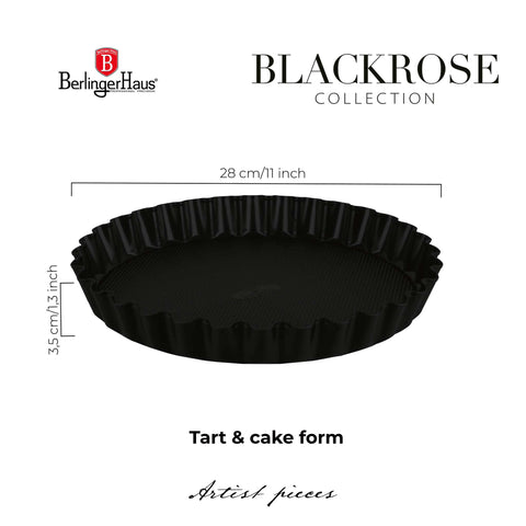 Product image of Tart/cake form 28x3,5cm. Part of the Matte Black Collection/Black Rose Collection . Features: • Material: carbon steel with titanPro non-stick coating • Size: 28*3,5 cm • Color: matt black. (Studio view). Official Berlinger Haus product, boosted by Promintra sl.