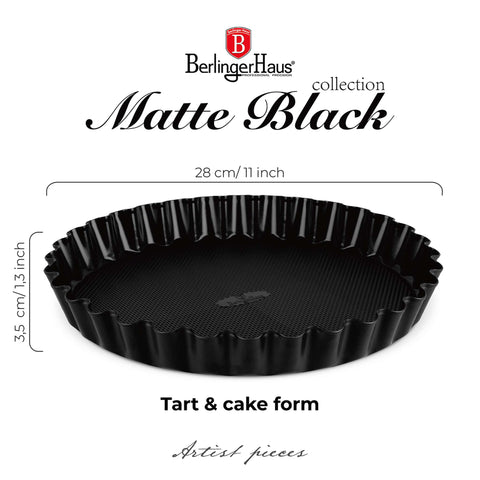 Product image of Tart/cake form 28x3,5cm. Part of the Matte Black Collection/Black Rose Collection . Features: • Material: carbon steel with titanPro non-stick coating • Size: 28*3,5 cm • Color: matt black. (Studio view). Official Berlinger Haus product, boosted by Promintra sl.