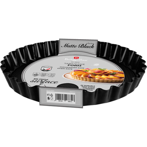 Product image of Tart/cake form 28x3,5cm. Part of the Matte Black Collection/Black Rose Collection . Features: • Material: carbon steel with titanPro non-stick coating • Size: 28*3,5 cm • Color: matt black. (Studio view). Official Berlinger Haus product, boosted by Promintra sl.