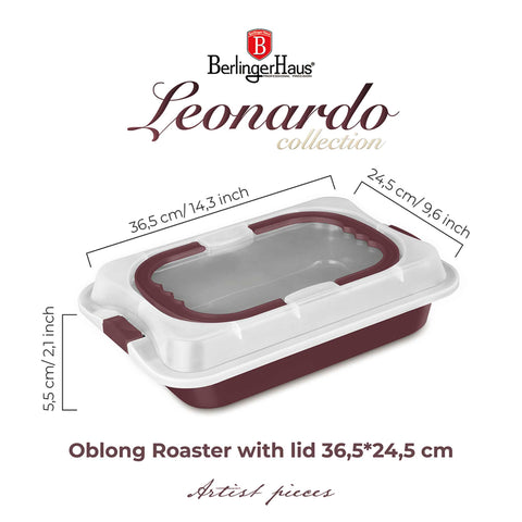 Product image of Oblong roaster with lid. Part of the Leonardo Collection . Features: • Material: carbon steel with titanPro non-stick coating, plastic cover • Size: 36,5*24,5*5,5 cm • Color: matt bordeaux. (Studio view). Official Berlinger Haus product, boosted by Promintra sl.