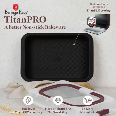Product image of Oblong roaster with lid. Part of the Leonardo Collection . Features: • Material: carbon steel with titanPro non-stick coating, plastic cover • Size: 36,5*24,5*5,5 cm • Color: matt bordeaux. (Studio view). Official Berlinger Haus product, boosted by Promintra sl.