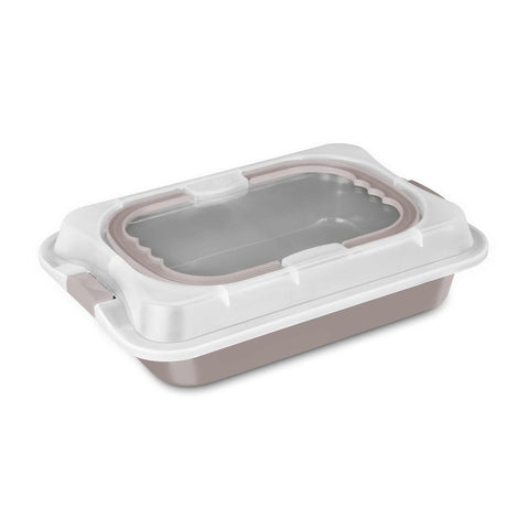 Product image of Oblong roaster with lid. Part of the Taupe Collection . Features: • Material: carbon steel with titanPro non-stick coating, plastic cover • Size: 36,5*24,5*5,5 cm • Color: matt taupe. (Studio view). Official Berlinger Haus product, boosted by Promintra sl.