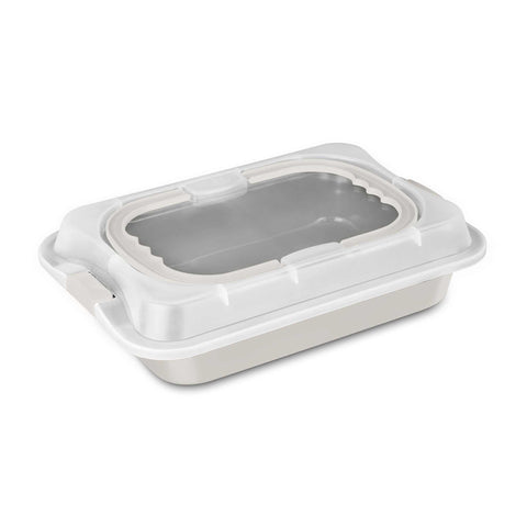 Product image of Oblong roaster with lid. Part of the Sahara Collection . Features: • Material: carbon steel with titanPro non-stick coating, plastic cover • Size: 36,5*24,5*5,5 cm • Color: matt cream. (Studio view). Official Berlinger Haus product, boosted by Promintra sl.