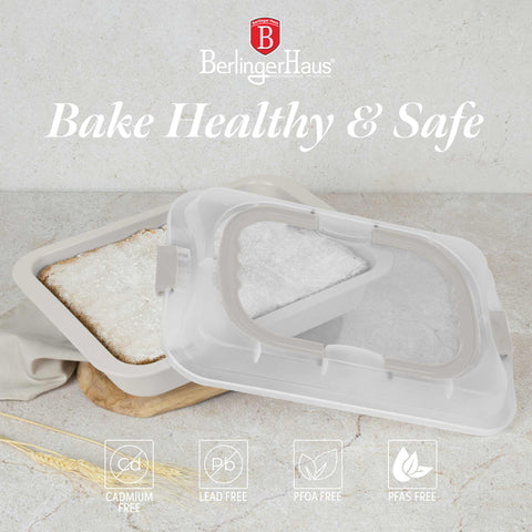 Product image of Oblong roaster with lid. Part of the Sahara Collection . Features: • Material: carbon steel with titanPro non-stick coating, plastic cover • Size: 36,5*24,5*5,5 cm • Color: matt cream. (Studio view). Official Berlinger Haus product, boosted by Promintra sl.