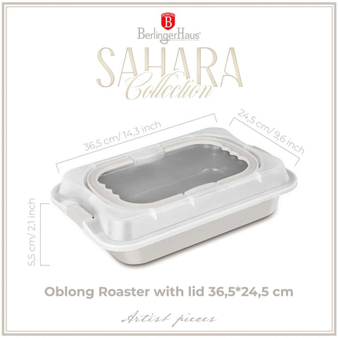 Product image of Oblong roaster with lid. Part of the Sahara Collection . Features: • Material: carbon steel with titanPro non-stick coating, plastic cover • Size: 36,5*24,5*5,5 cm • Color: matt cream. (Studio view). Official Berlinger Haus product, boosted by Promintra sl.
