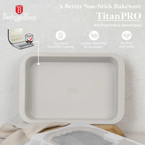Product image of Oblong roaster with lid. Part of the Sahara Collection . Features: • Material: carbon steel with titanPro non-stick coating, plastic cover • Size: 36,5*24,5*5,5 cm • Color: matt cream. (Studio view). Official Berlinger Haus product, boosted by Promintra sl.