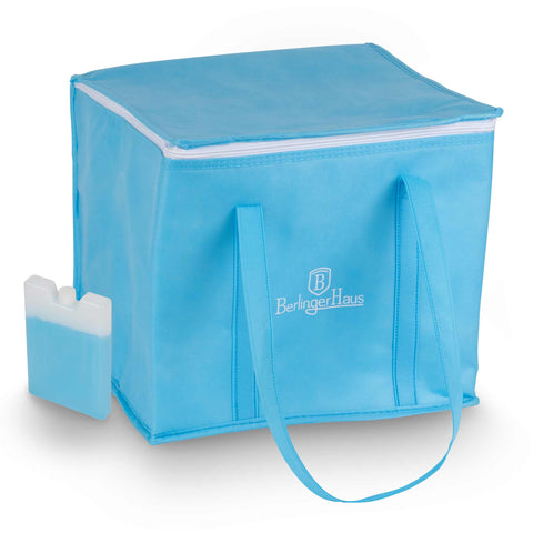 Product image of Cooler bag with cooling bar. Part of the outdoor . Features: • Material: non-woven, EPE foam, PEVA, HDPE, absorbent polymer • Size: 35*35*30 cm • 15*10*2 cm cooling bar • Color: blue. (Studio view). Official Berlinger Haus product, boosted by Promintra sl.