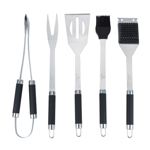 Product image of 6pcs grill accessories set in case. Part of the outdoor . Features: • Material: stainless steel, plastic • Includes: • Fork 35 cm • Spatula 35 cm • Tong 34 cm • Basting brush 34 cm • Cleaning brush 34 cm • Apron too.... (Studio view). Official Berlinger Haus product, boosted by Promintra sl.
