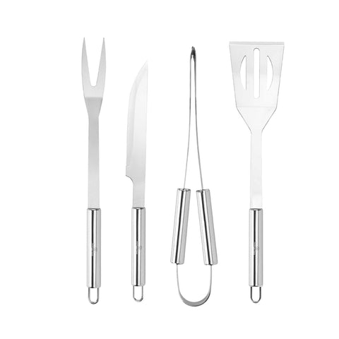 Product image of 4pcs BBQ tool set. Part of the outdoor . Features: • Material: stainless steel • Includes: • Fork 35 cm • Spatula 35 cm • Tong 34 cm • Knife 32,5 cm. (Studio view). Official Berlinger Haus product, boosted by Promintra sl.