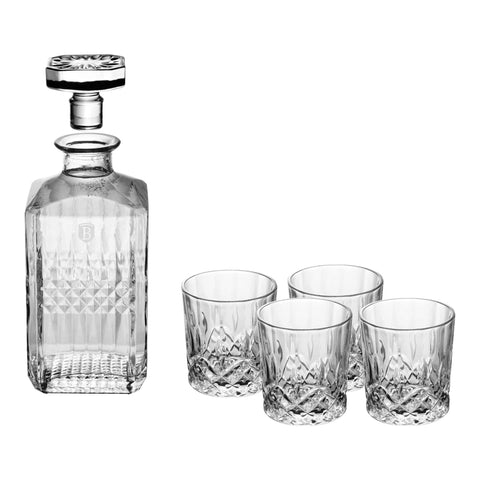 Product image of Whisky set. Part of the kitchen accessories . Features: • Material: soda-lime glass (shine like crystal) • Include: • Bottle: 750 ml • 4 pcs glass: 220 ml. (Studio view). Official Berlinger Haus product, boosted by Promintra sl.
