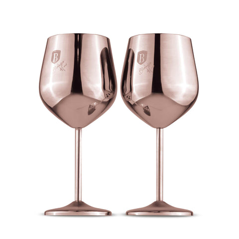 Product image of 2pcs metal wine glass set. Part of the Taupe Collection/Black Rose Collection . Features: • Material: 18/10 stainless steel • Capacity: 400 ml • 2 pcs set • Color: rose gold. (Studio view). Official Berlinger Haus product, boosted by Promintra sl.