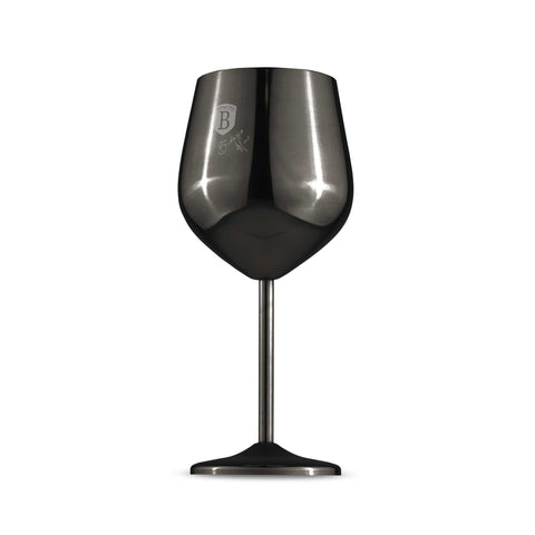 Product image of 2pcs metal wine glass set. Part of the Black Rose Collection/Matte Black Collection . Features: • Material: 18/10 stainless steel • Capacity: 400 ml • 2 pcs set • Color: black. (Studio view). Official Berlinger Haus product, boosted by Promintra sl.
