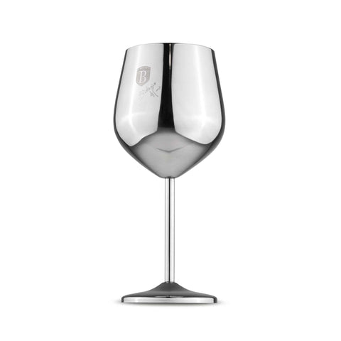 Product image of 2pcs metal wine glass set. Part of the Black Vantage Collection/Matte Black Collection/Black Silver Collection/Eternal Collection/Anthracite Collection . Features: • Material: 18/10 stainless steel • Capacity: 400 ml • 2 pcs set • Color: stainless steel. (Studio view). Official Berlinger Haus product, boosted by Promintra sl.