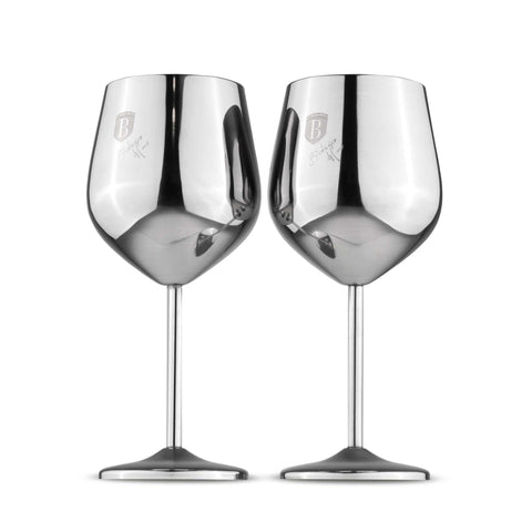Product image of 2pcs metal wine glass set. Part of the Black Vantage Collection/Matte Black Collection/Black Silver Collection/Eternal Collection/Anthracite Collection . Features: • Material: 18/10 stainless steel • Capacity: 400 ml • 2 pcs set • Color: stainless steel. (Studio view). Official Berlinger Haus product, boosted by Promintra sl.