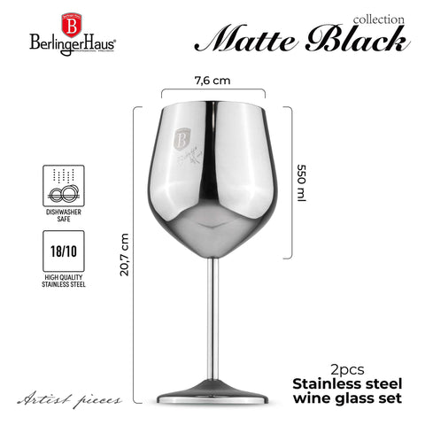 Product image of 2pcs metal wine glass set. Part of the Black Vantage Collection/Matte Black Collection/Black Silver Collection/Eternal Collection/Anthracite Collection . Features: • Material: 18/10 stainless steel • Capacity: 400 ml • 2 pcs set • Color: stainless steel. (Studio view). Official Berlinger Haus product, boosted by Promintra sl.
