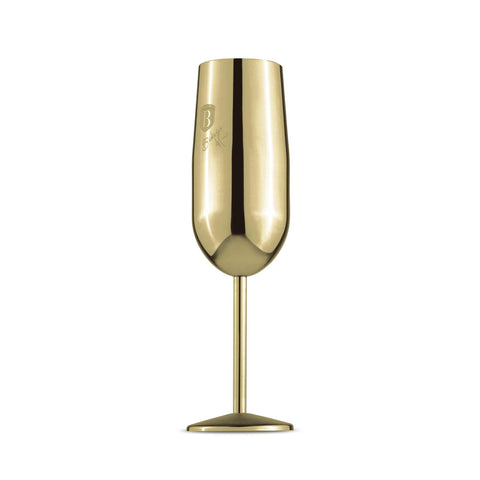 Product image of 2pcs metal champagne glass set. Part of the Sahara Collection/Leonardo Collection . Features: • Material: 18/10 stainless steel • Capacity: 260 ml • 2 pcs set • Color: champagne gold. (Studio view). Official Berlinger Haus product, boosted by Promintra sl.