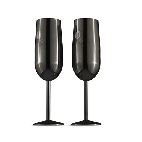 Product image of 2pcs metal champagne glass set. Part of the Black Rose Collection/Matte Black Collection . Features: • Material: 18/10 stainless steel • Capacity: 260 ml • 2 pcs set • Color: black. (Studio view). Official Berlinger Haus product, boosted by Promintra sl.