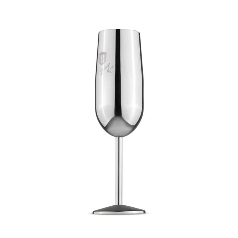 Product image of 2pcs metal champagne glass set. Part of the Black Vantage Collection/Matte Black Collection/Black Silver Collection/Eternal Collection/Anthracite Collection . Features: • Material: 18/10 stainless steel • Capacity: 260 ml • 2 pcs set • Color: stainless steel. (Studio view). Official Berlinger Haus product, boosted by Promintra sl.