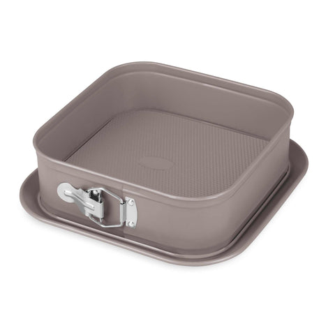 Product image of Square springform 28x28cm. Part of the Taupe Collection . Features: • Material: carbon steel with non-stick titanPro coating • Size: 23,8*23,8*8 cm • Base size: 28*28 cm • Color: matt taupe. (Studio view). Official Berlinger Haus product, boosted by Promintra sl.