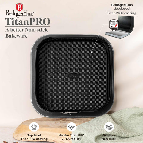 Imagem do produto: Forma quadrada de mola 28x28cm. Parte da Coleção Antracite. Características: • Material: aço carbono com revestimento antiaderente titanPro • Tamanho: 23,8*23,8*8 cm • Tamanho da base: 28*28 cm • Cor: antracite fosco. (Imagem ilustrativa). Produto oficial Berlinger Haus, com o apoio da Promintra sl.