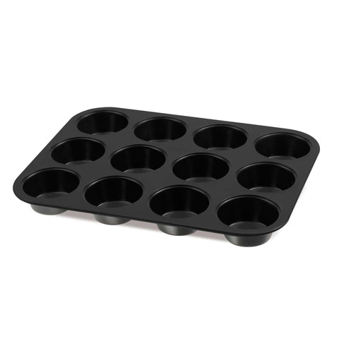 Imatge del producte de motlle per a magdalenes de 12 tasses. Part de la col·lecció Antracita. Característiques: • Material: acer al carboni amb recobriment antiadherent TitanPro • Mida: 35*26,5*3 cm • Color: antracita mat. (Vista d'estudi). Producte oficial de Berlinger, impulsat per Promintra sl.