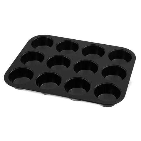 Imatge del producte de motlle per a magdalenes de 12 tasses. Part de la col·lecció Antracita. Característiques: • Material: acer al carboni amb recobriment antiadherent TitanPro • Mida: 35*26,5*3 cm • Color: antracita mat. (Vista d'estudi). Producte oficial de Berlinger, impulsat per Promintra sl.