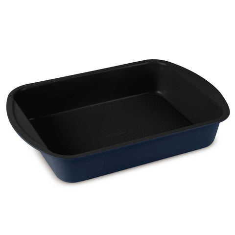 Product image of Oblong roaster 40x28,5cm. Part of the Deep Sea Collection . Features: • Material: carbon steel with titanPro non-stick coating • Size: 40*28,5*7 cm • Color: matt blue. (Studio view). Official Berlinger Haus product, boosted by Promintra sl.
