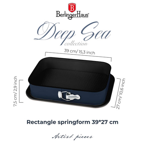 Imatge del producte del motlle desmuntable rectangular de 39x27cm. Forma part de la col·lecció Deep Sea. Característiques: • Material: acer al carboni amb recobriment antiadherent TitanPro • Mida: 34,2*23,3*6,7 cm • Mida de la base: 39*27 cm • Color: blau mat. (Vista d'estudi). Producte oficial de Berlinger, impulsat per Promintra sl.