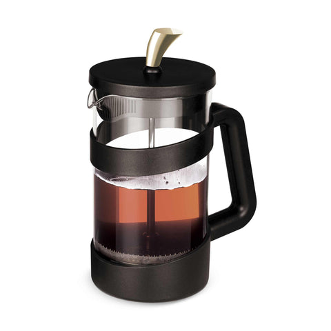 Product image of Coffee & tea plunger 600ml. Part of the Sahara Collection/Leonardo Collection . Features: • Coffee & tea plunger • Material: 18/10 stainless steel, plastic lid borosilicate glass ( 1,8mm ) • Capacity 600 ml • Colors: black- gold. (Conceptual view). Official Berlinger Haus product, boosted by Promintra sl.