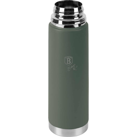 Product image of Vacuum flask 0,75L. Part of the Matte Green Collection . Features: • Material: inner body 18/10 stainless steel with matt powder coating • Capacity: 0,75 L • Color: matt green • Packing: half giftbox. (Studio view). Official Berlinger Haus product, boosted by Promintra sl.