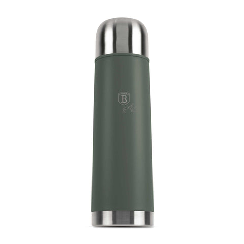 Product image of Vacuum flask 0,75L. Part of the Matte Green Collection . Features: • Material: inner body 18/10 stainless steel with matt powder coating • Capacity: 0,75 L • Color: matt green • Packing: half giftbox. (Studio view). Official Berlinger Haus product, boosted by Promintra sl.