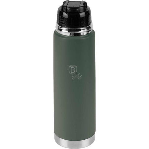 Product image of Vacuum flask 0,75L. Part of the Matte Green Collection . Features: • Material: inner body 18/10 stainless steel with matt powder coating • Capacity: 0,75 L • Color: matt green • Packing: half giftbox. (Studio view). Official Berlinger Haus product, boosted by Promintra sl.