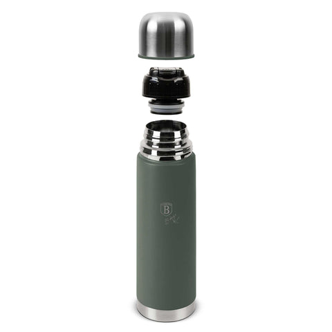 Product image of Vacuum flask 0,75L. Part of the Matte Green Collection . Features: • Material: inner body 18/10 stainless steel with matt powder coating • Capacity: 0,75 L • Color: matt green • Packing: half giftbox. (Studio view). Official Berlinger Haus product, boosted by Promintra sl.