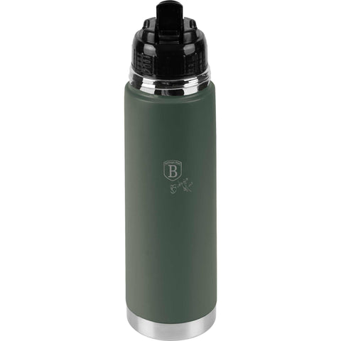 Product image of Vacuum flask 0,75L. Part of the Matte Green Collection . Features: • Material: inner body 18/10 stainless steel with matt powder coating • Capacity: 0,75 L • Color: matt green • Packing: half giftbox. (Studio view). Official Berlinger Haus product, boosted by Promintra sl.
