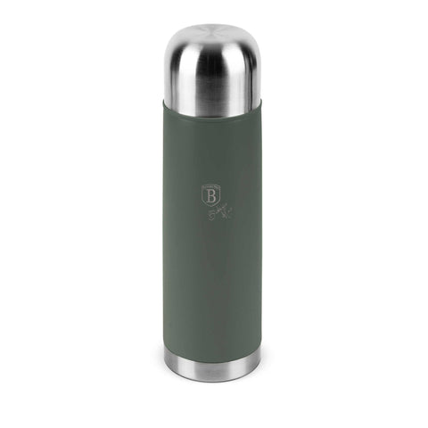 Product image of Vacuum flask 0,75L. Part of the Matte Green Collection . Features: • Material: inner body 18/10 stainless steel with matt powder coating • Capacity: 0,75 L • Color: matt green • Packing: half giftbox. (Studio view). Official Berlinger Haus product, boosted by Promintra sl.